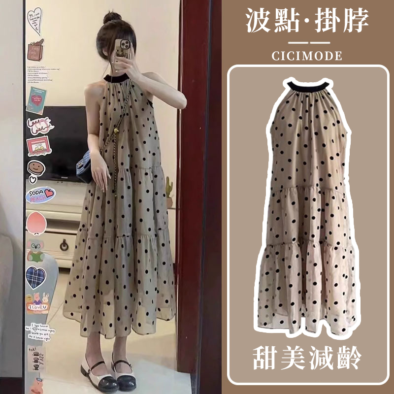 小香風波點茶歇絕美吊帶連衣裙女夏高級感法式氣質掛脖寬鬆背心裙