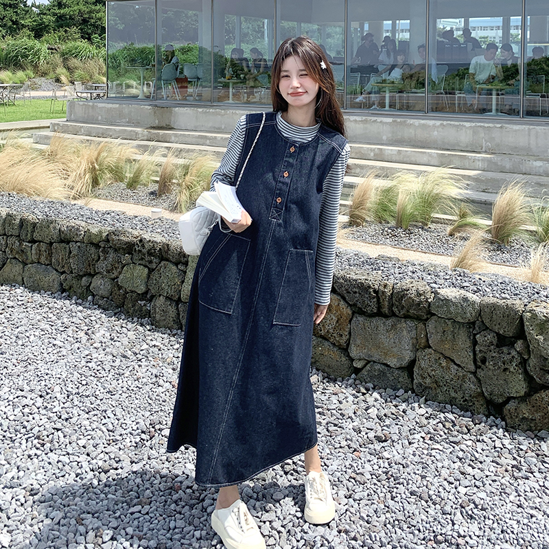 【單件/套裝】韓系條紋顯瘦上衣+復古牛仔背心洋裝兩件套-Cicimode