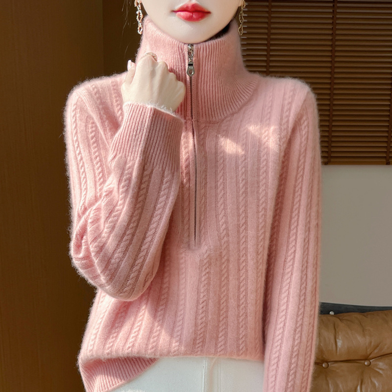 百搭顯瘦半拉鍊素色麻花針織毛衣-Cicimode