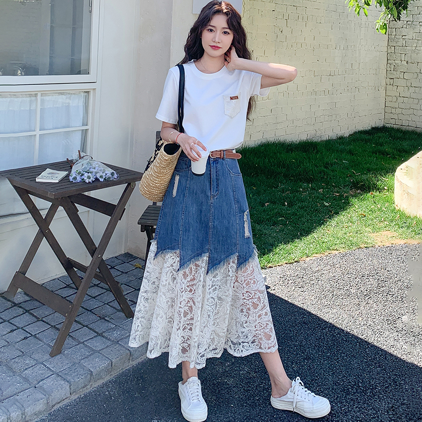 【單件/套裝】氣質流行短袖T恤+蕾絲拼接牛仔半身裙兩件套裝-Cicimode