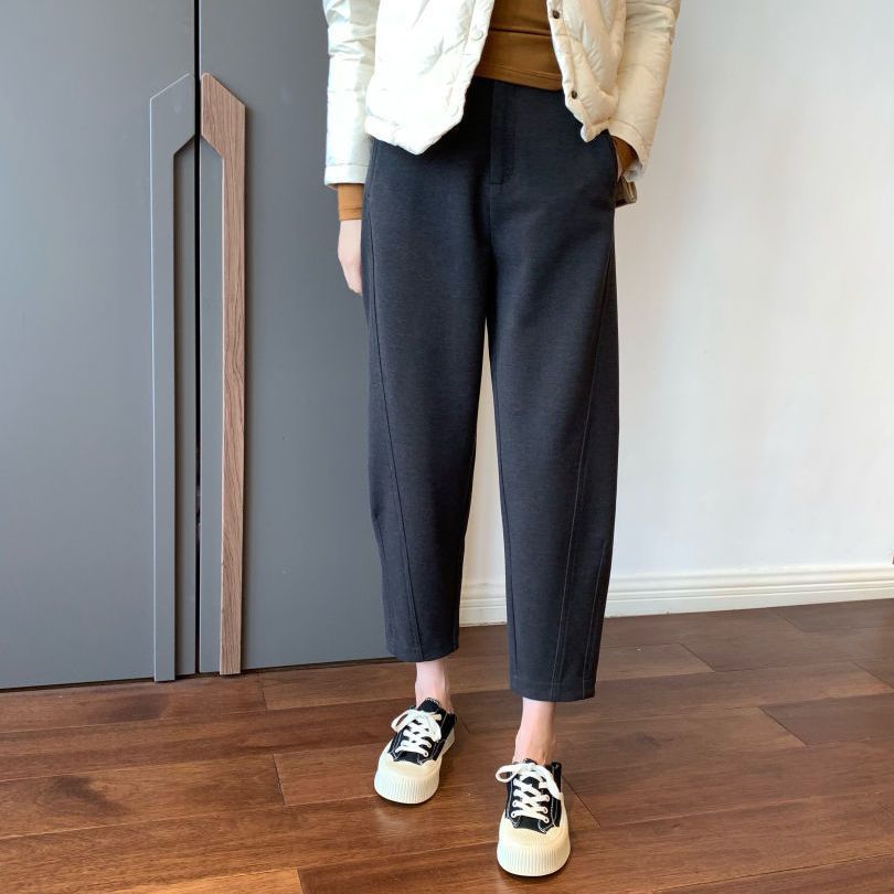 刷毛加厚高腰顯瘦蘿蔔褲休閒毛呢哈倫褲-Cicimode