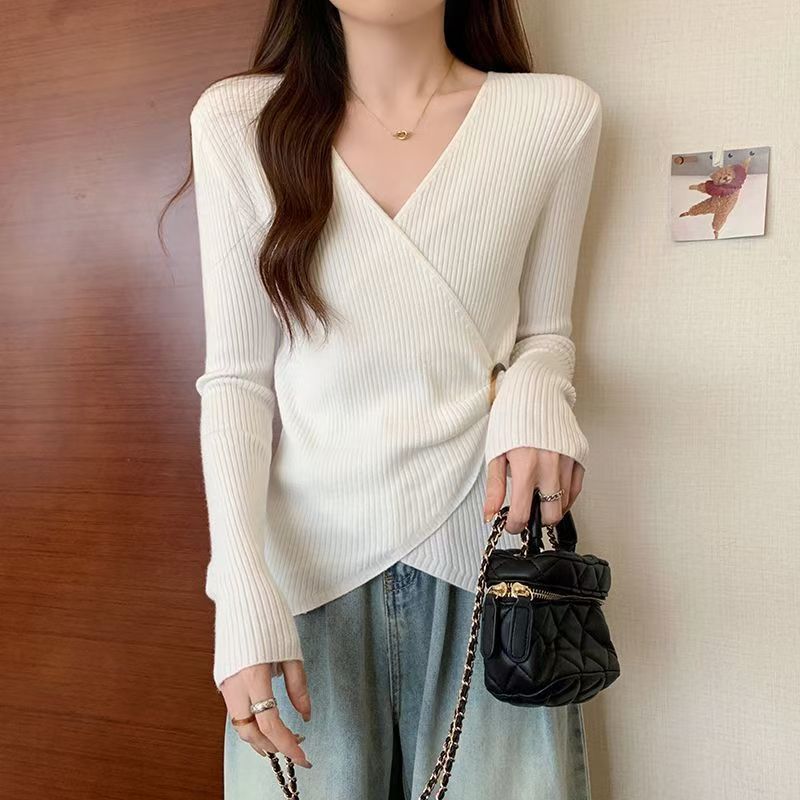 小香風v領坑條寬鬆顯瘦大碼純慾風長袖T恤