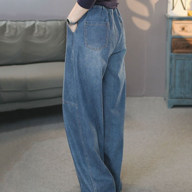 美式彎刀闊腿高腰復古寬鬆顯瘦大碼拖地牛仔褲