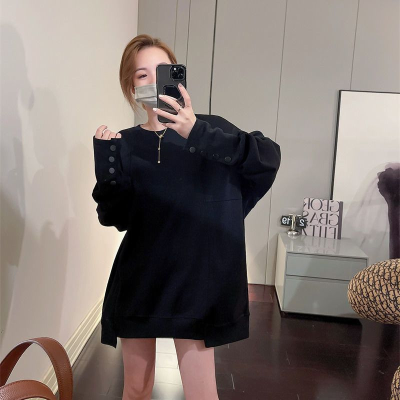 人氣款休閒百搭純色寬鬆中長款圓領長袖-Cicimode