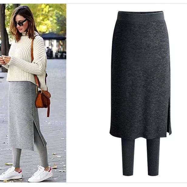 休閒簡約百搭外穿加絨/薄款假兩件裙褲
