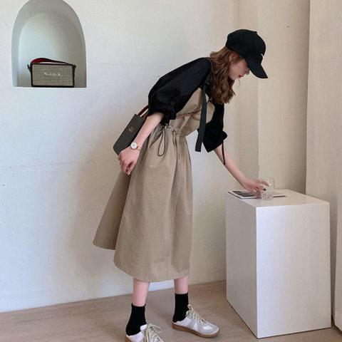 【可單買】韓版泡泡袖上衣+顯瘦收腰背帶連身裙套裝