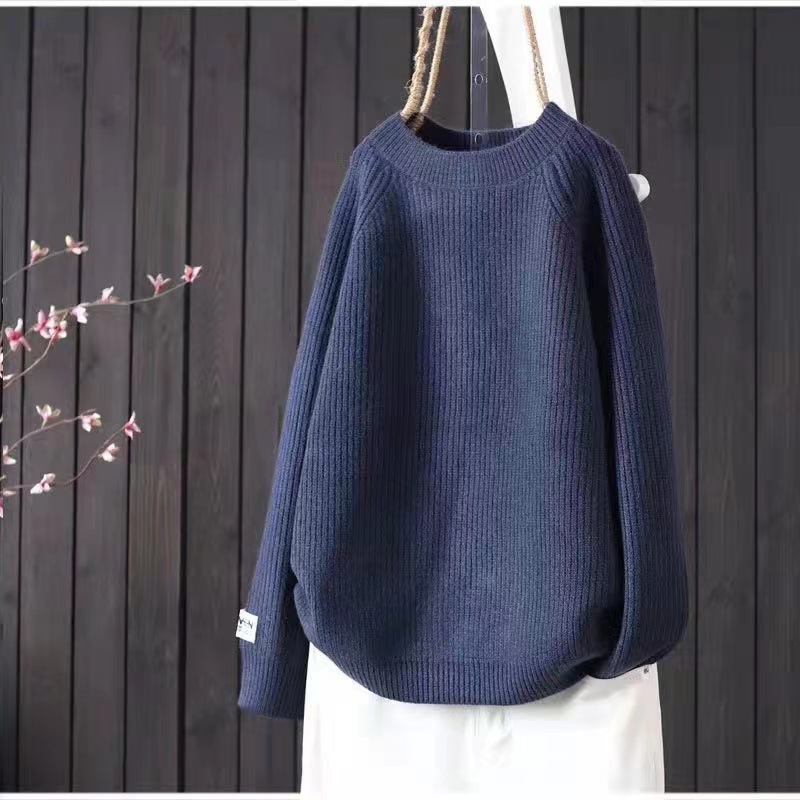 【9色】簡約文藝寬鬆慵懶風圓領純色針織長袖