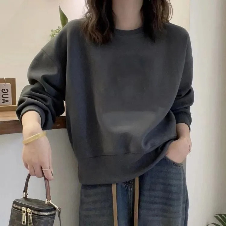 簡約寬鬆百搭休閒純色圓領衛衣-Cicimode