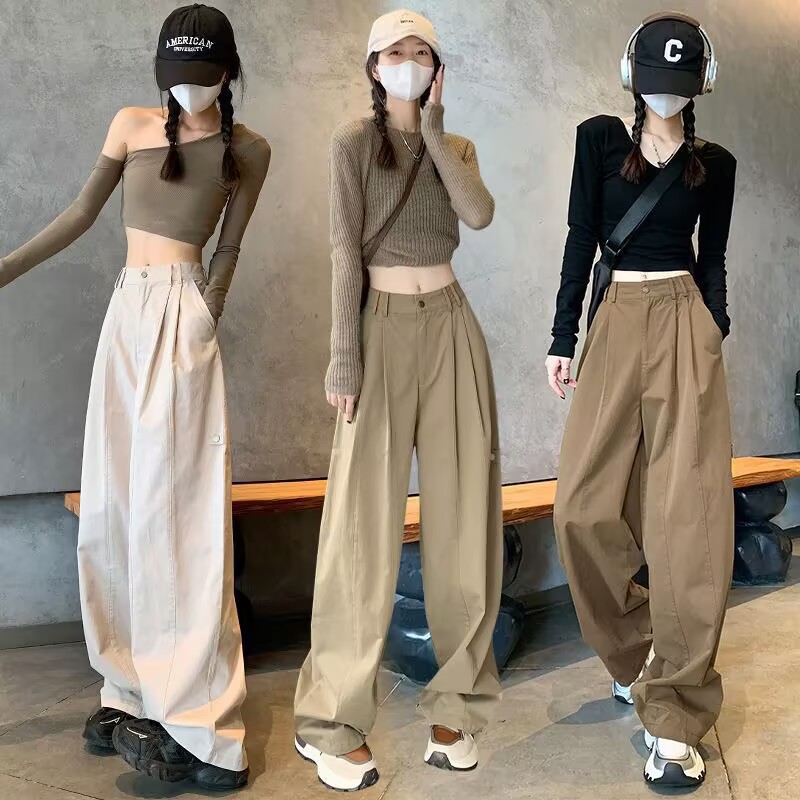 美式高腰顯瘦寬鬆休閒運動工裝闊腿褲-Cicimode