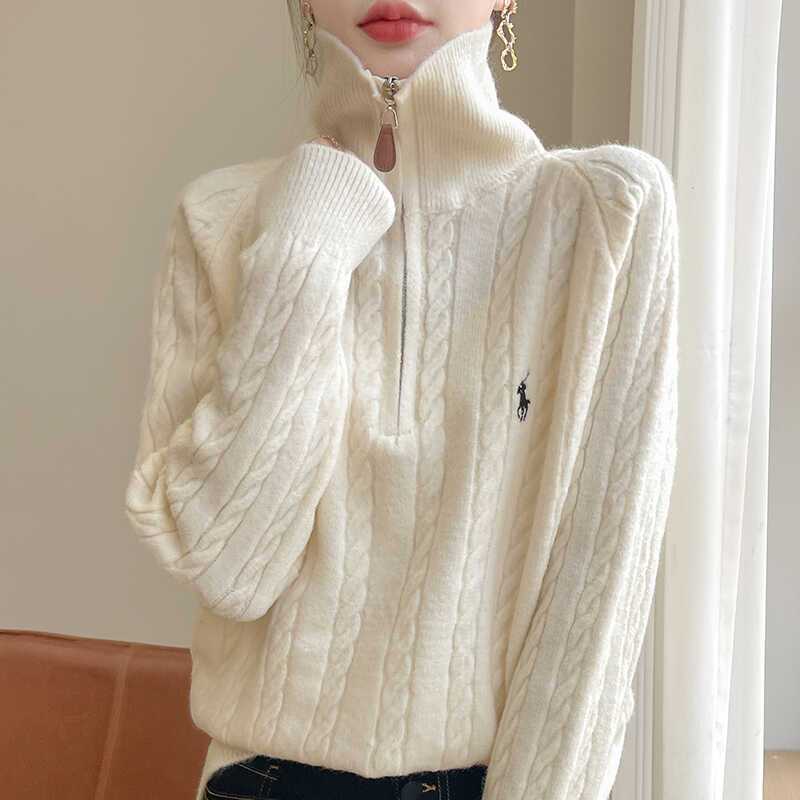 半拉鏈立領寬鬆翻領小馬刺繡針織毛衣