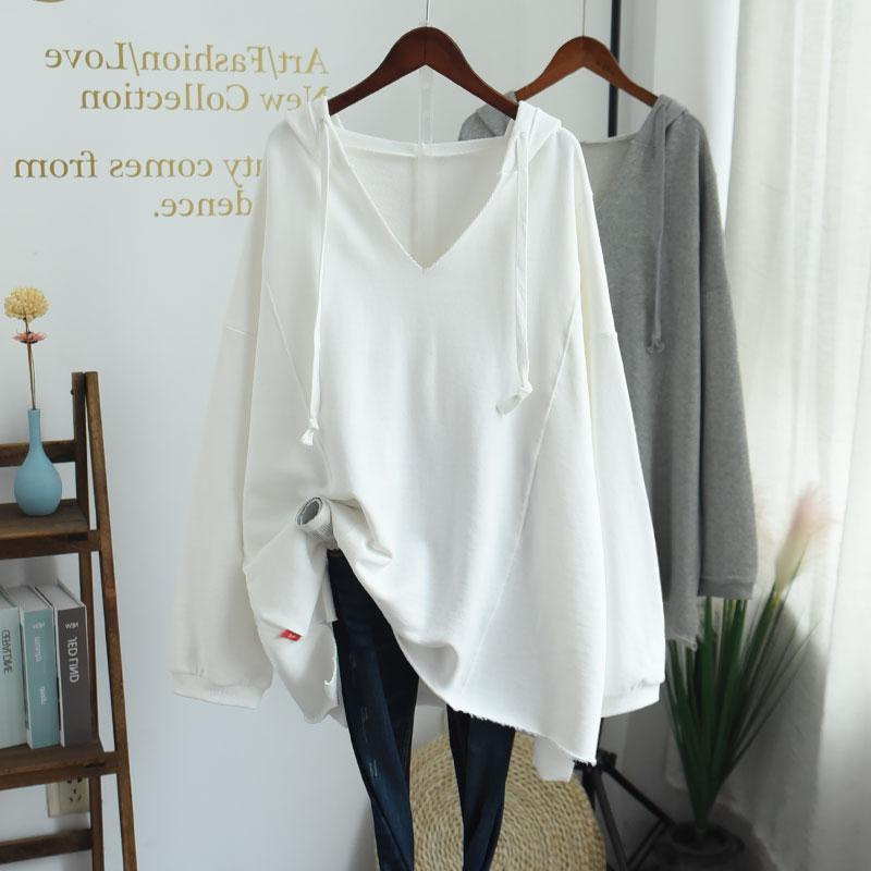 時尚休閒純色V領連帽寬鬆中長款長袖衛衣-Cicimode