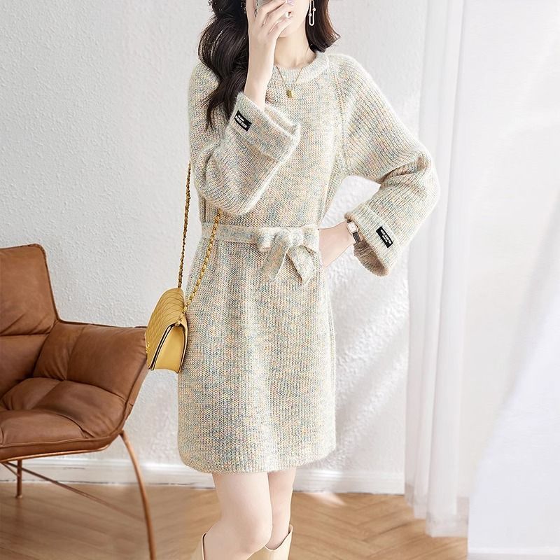 慵懶風寬鬆系帶中長版針織毛衣洋裝-Cicimode