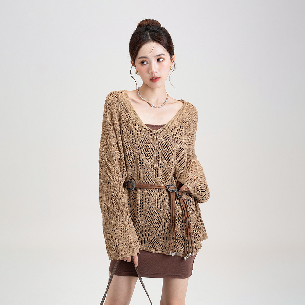 鏤空設計感純色菱形格慵懶風長袖針織罩衫-Cicimode