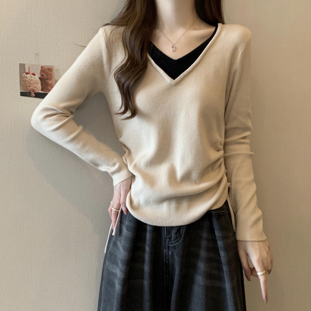 假兩件設計感正肩v領長袖內搭打底衫-Cicimode