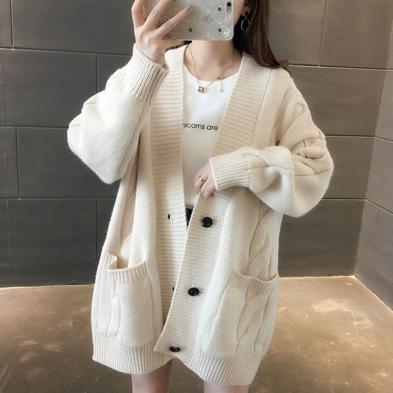 慵懶風V領麻花針織開衫寬鬆百搭毛衣外套-Cicimode