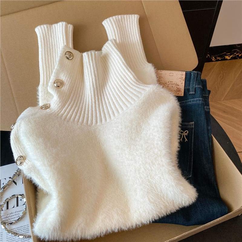 高級感韓系慵懶可外穿不規則翻領針織毛衣-Cicimode