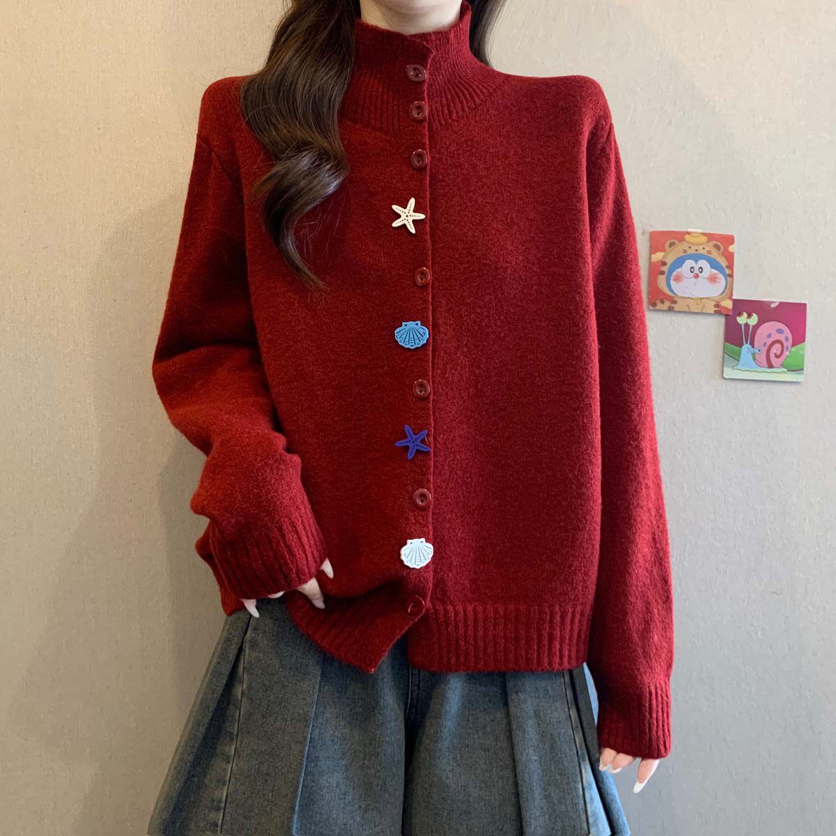慵懶休閒高領正肩大碼顯瘦減齡海星扣針織開衫