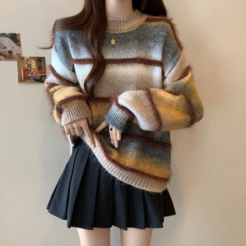 美拉德漸變條紋毛衣顯瘦軟糯針織衫-Cicimode