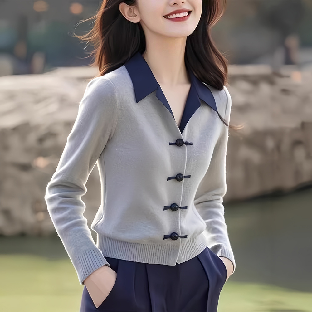 新中式高級感灰色拼接翻領針織開衫-Cicimode