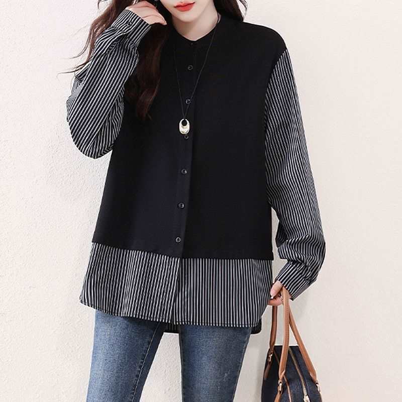 時尚洋氣高檔條紋拼接寬鬆遮肉假兩件襯衫-Cicimode