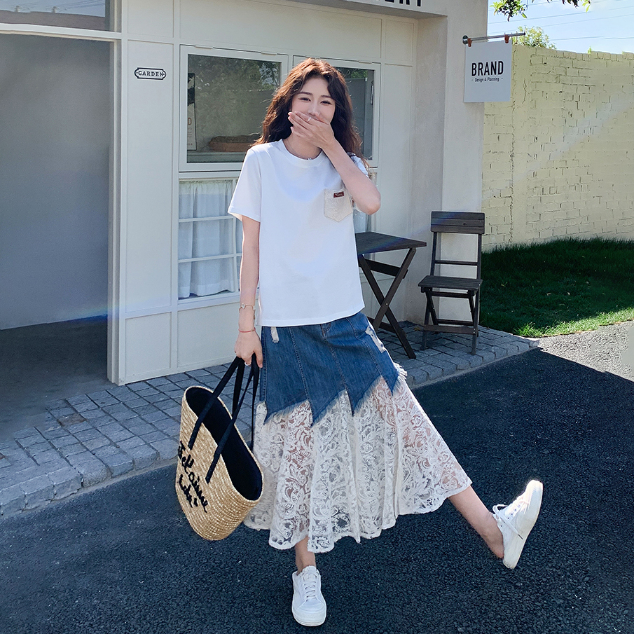 【單件/套裝】氣質流行短袖T恤+蕾絲拼接牛仔半身裙兩件套裝-Cicimode