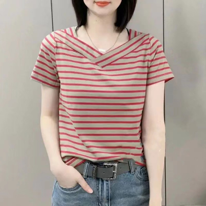 百搭條紋簡約舒適修身短袖T恤-Cicimode