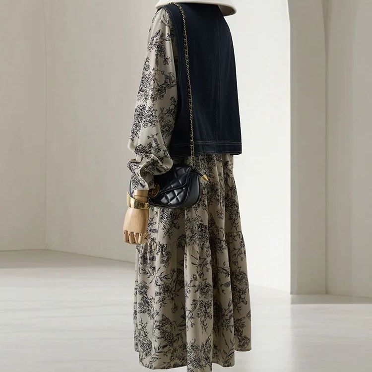 【單件/套裝】鬆弛感遮肉顯瘦牛仔馬甲+碎花長裙兩件套裝