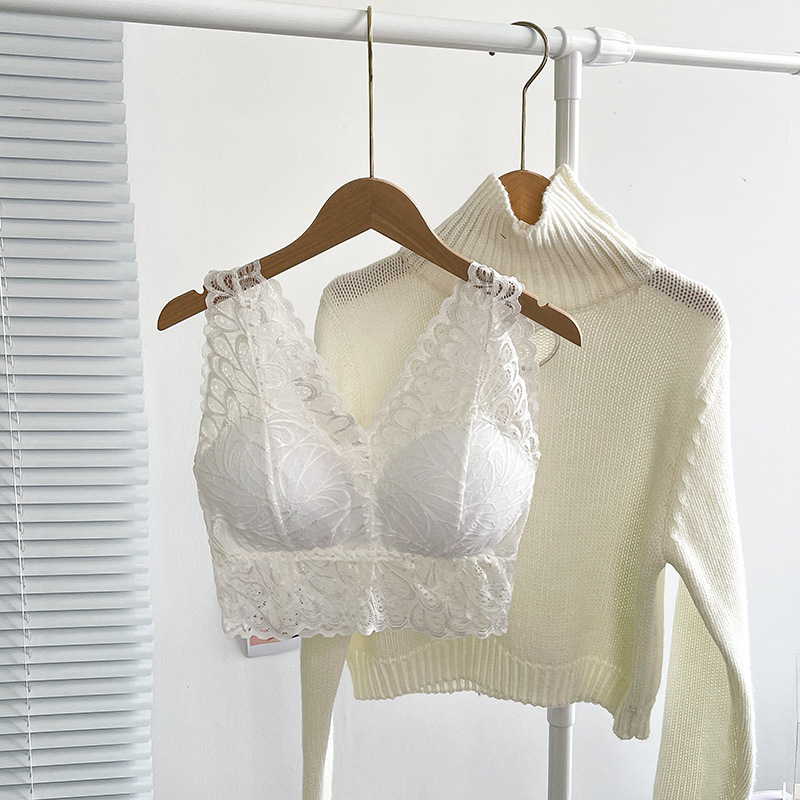蕾絲無鋼圈聚攏上托帶胸墊防走光V領文胸