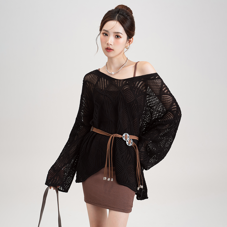 鏤空設計感純色菱形格慵懶風長袖針織罩衫-Cicimode