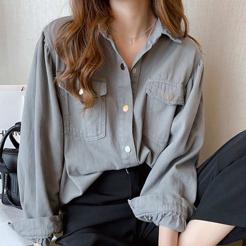 時尚設計感小眾上衣寬鬆長袖牛仔襯衫-Cicimode
