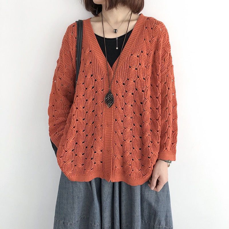 7色鏤空大碼顯瘦網眼長袖針織衫開衫-Cicimode