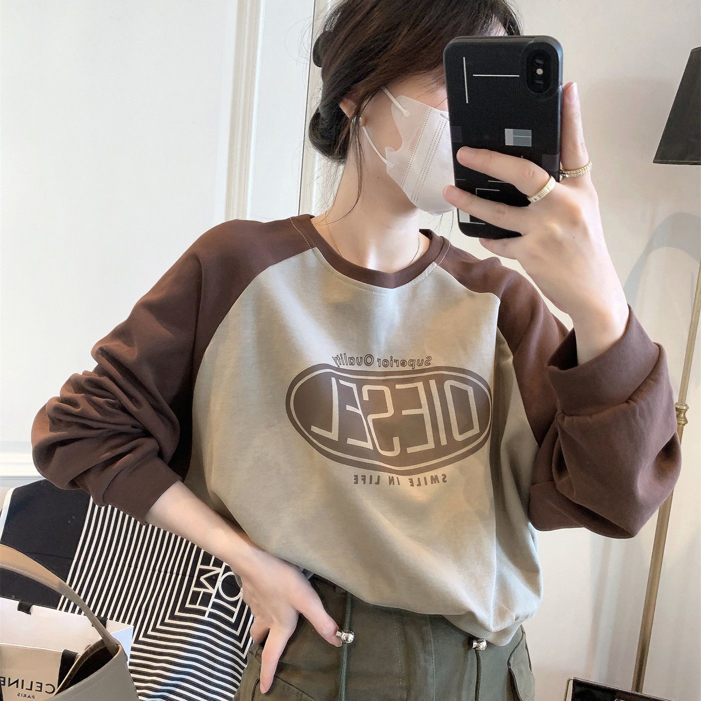 韓系拼色寬鬆正肩顯瘦長袖T恤