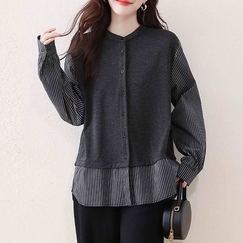 時尚洋氣高檔條紋拼接寬鬆遮肉假兩件襯衫-Cicimode