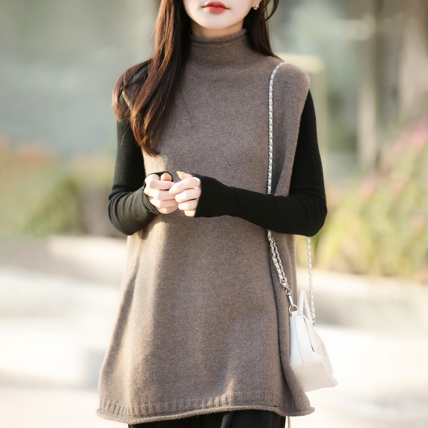 半高領中長版寬鬆疊穿背心百搭坎肩羊毛針織馬甲