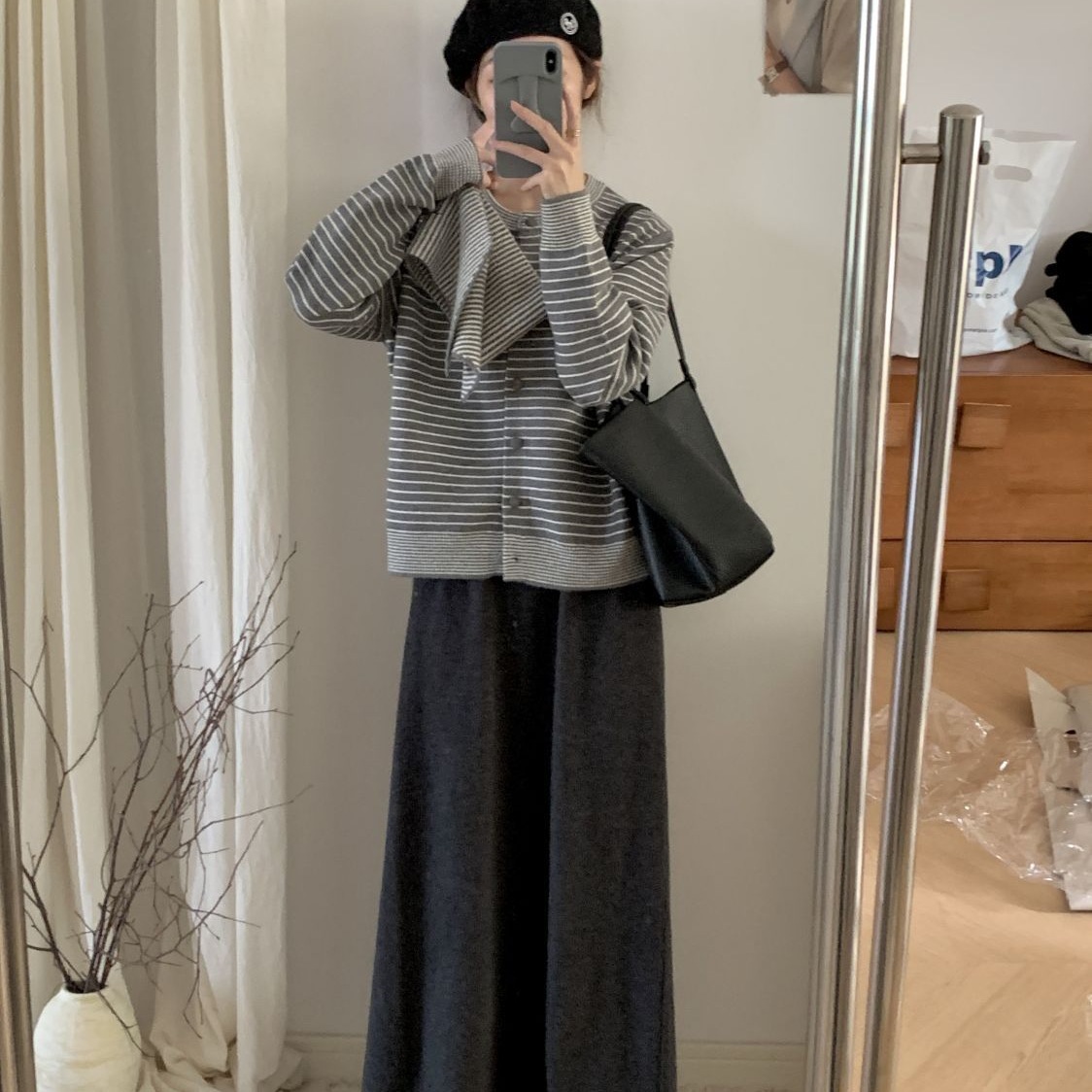 【單件/套裝】韓系復古高級感條紋寬鬆針織衫毛衣+圍巾+高腰半身裙三件套-Cicimode