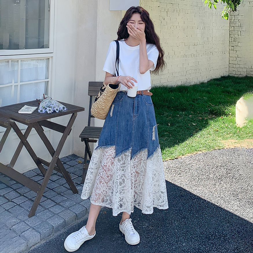 【單件/套裝】氣質流行短袖T恤+蕾絲拼接牛仔半身裙兩件套裝-Cicimode