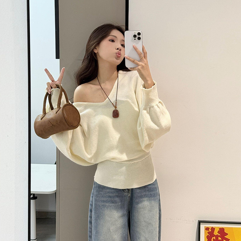 氣質時尚v領蝙蝠袖收腰顯瘦針織毛衣-Cicimode