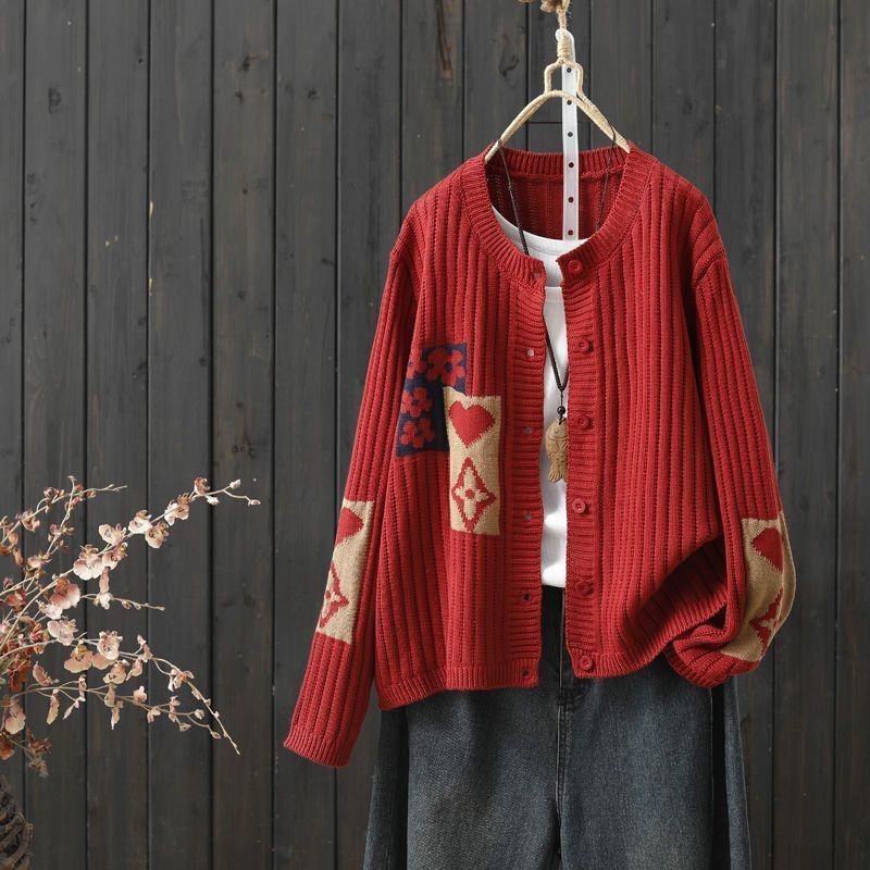 文藝范棉線圓領單排扣毛衣針織開衫外套-Cicimode