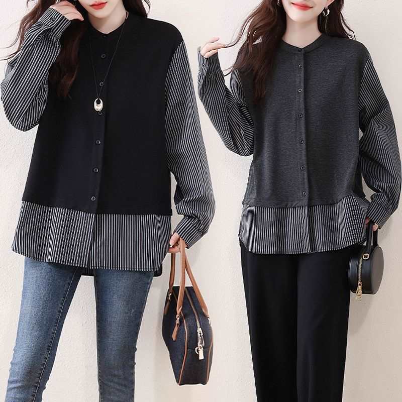 時尚洋氣高檔條紋拼接寬鬆遮肉假兩件襯衫-Cicimode