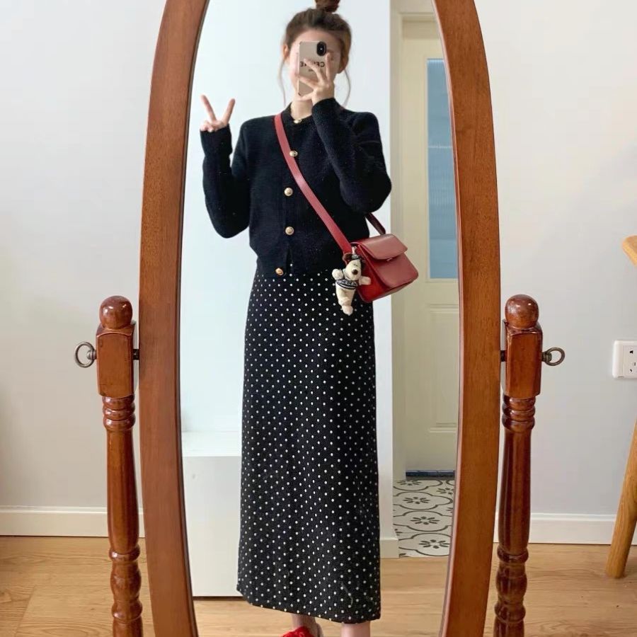 【單件/套裝】小香風黑色氣質針織開衫+波點半身裙兩件套-Cicimode