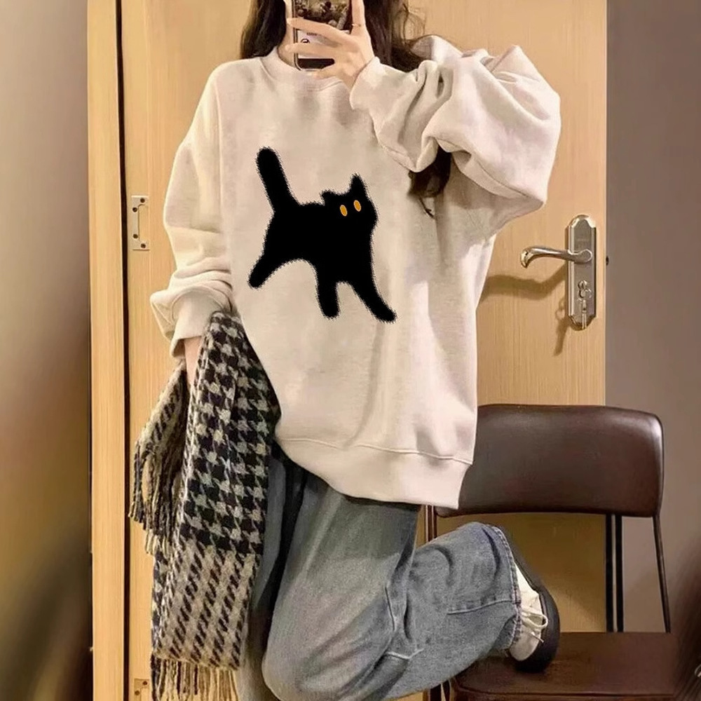 韓系卡通貓咪印花刷毛加厚休閒圓領長袖T恤-Cicimode