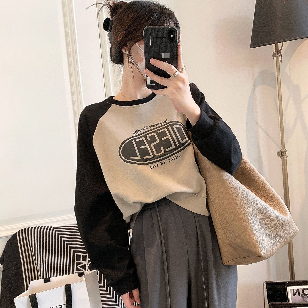 韓系拼色寬鬆正肩顯瘦長袖T恤