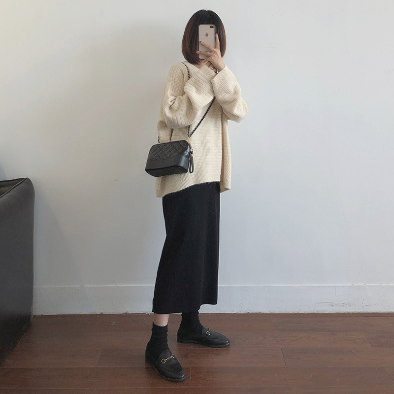 高腰直筒開叉中長款A字裙針織半身裙