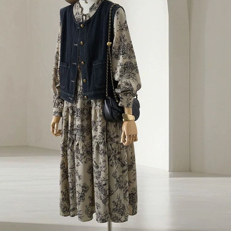 【單件/套裝】鬆弛感遮肉顯瘦牛仔馬甲+碎花長裙兩件套裝