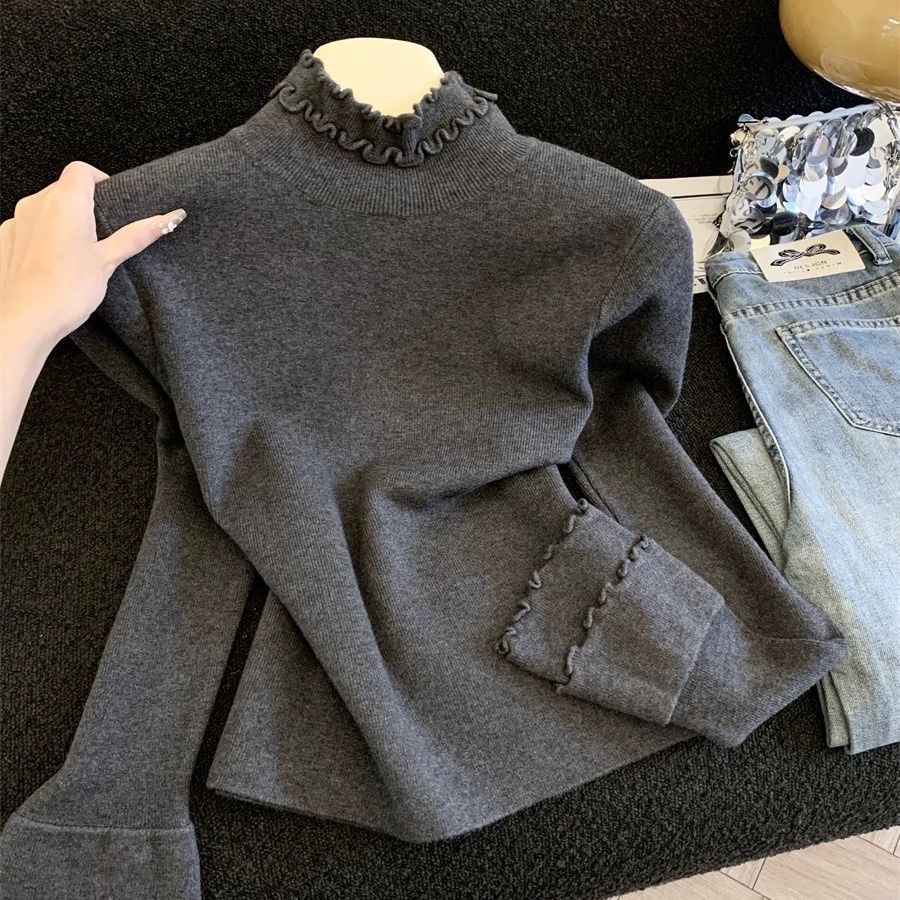 半高領雙層木耳邊德絨洋氣百搭顯瘦打底衫