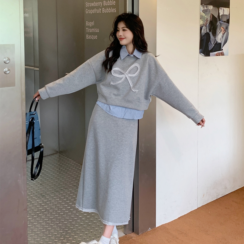 【整套】POLO領條紋拼接長袖衛衣+高腰包臀半裙兩件套裝-Cicimode