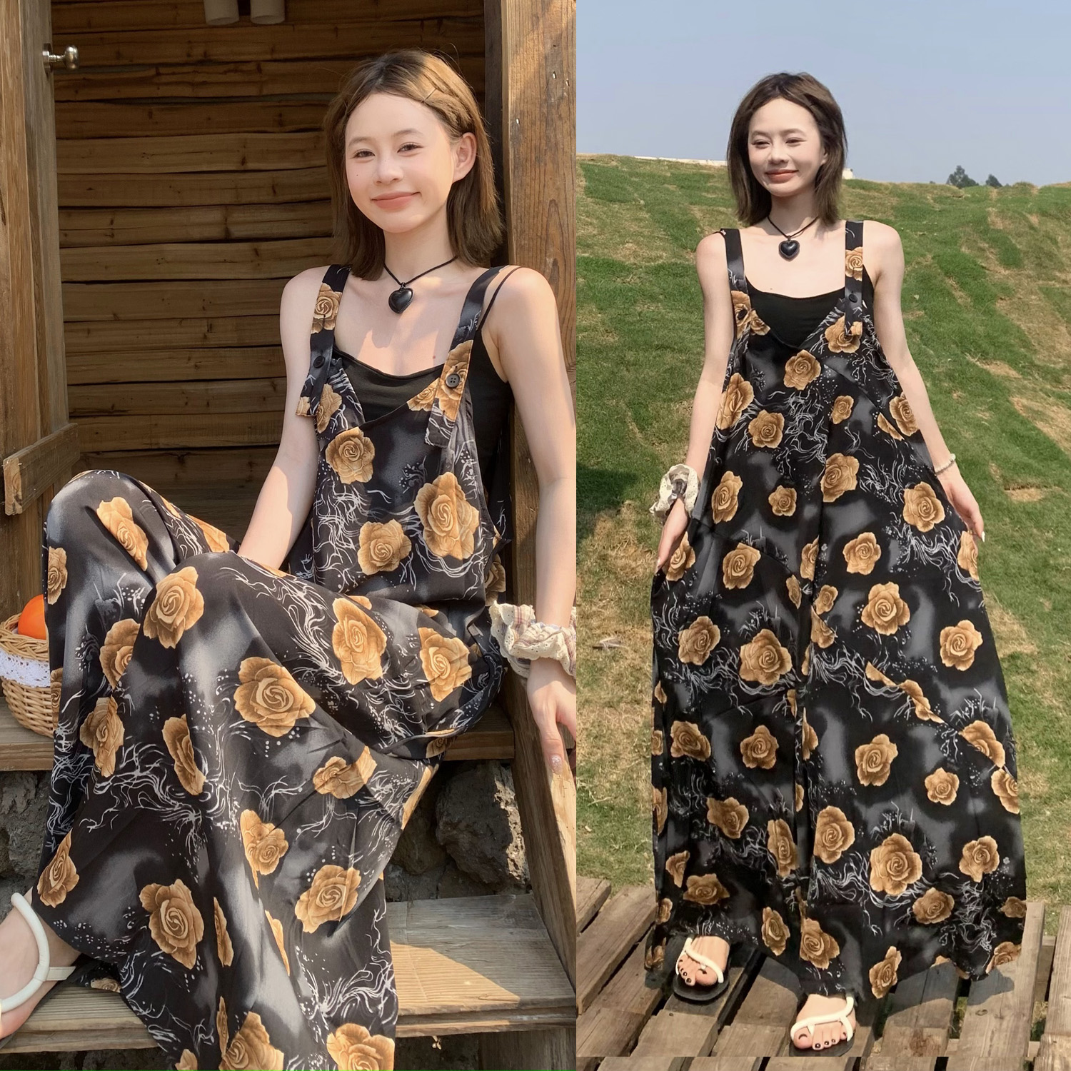 復古浪漫香檳玫瑰顯瘦寬鬆休閒背帶闊腿連體褲-Cicimode