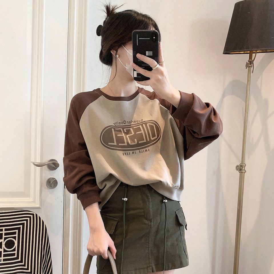 韓系拼色寬鬆正肩顯瘦長袖T恤