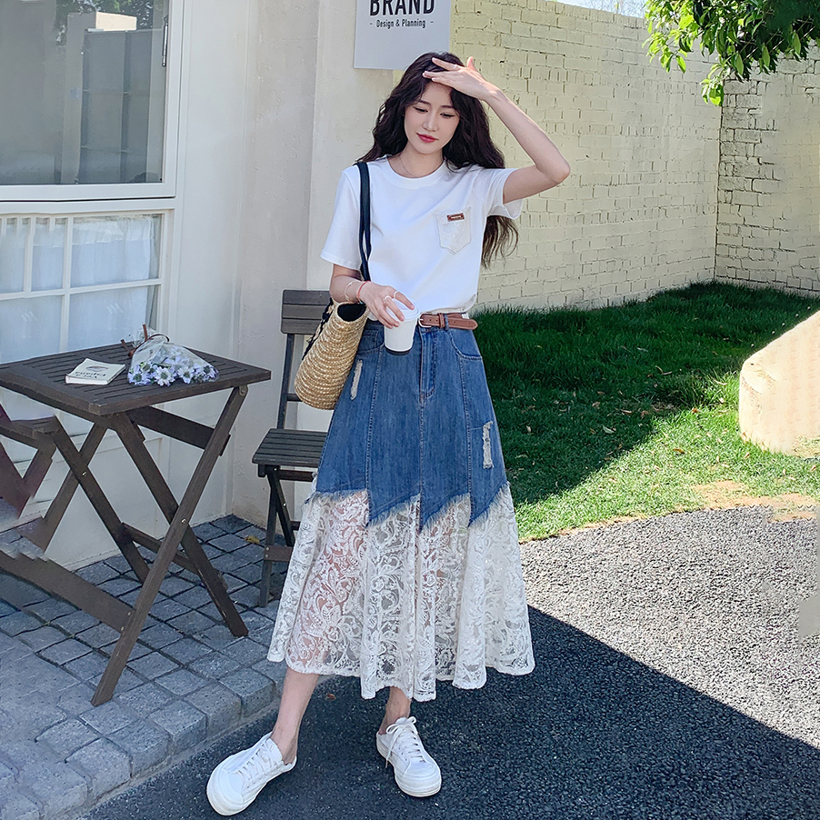 【單件/套裝】氣質流行短袖T恤+蕾絲拼接牛仔半身裙兩件套裝-Cicimode