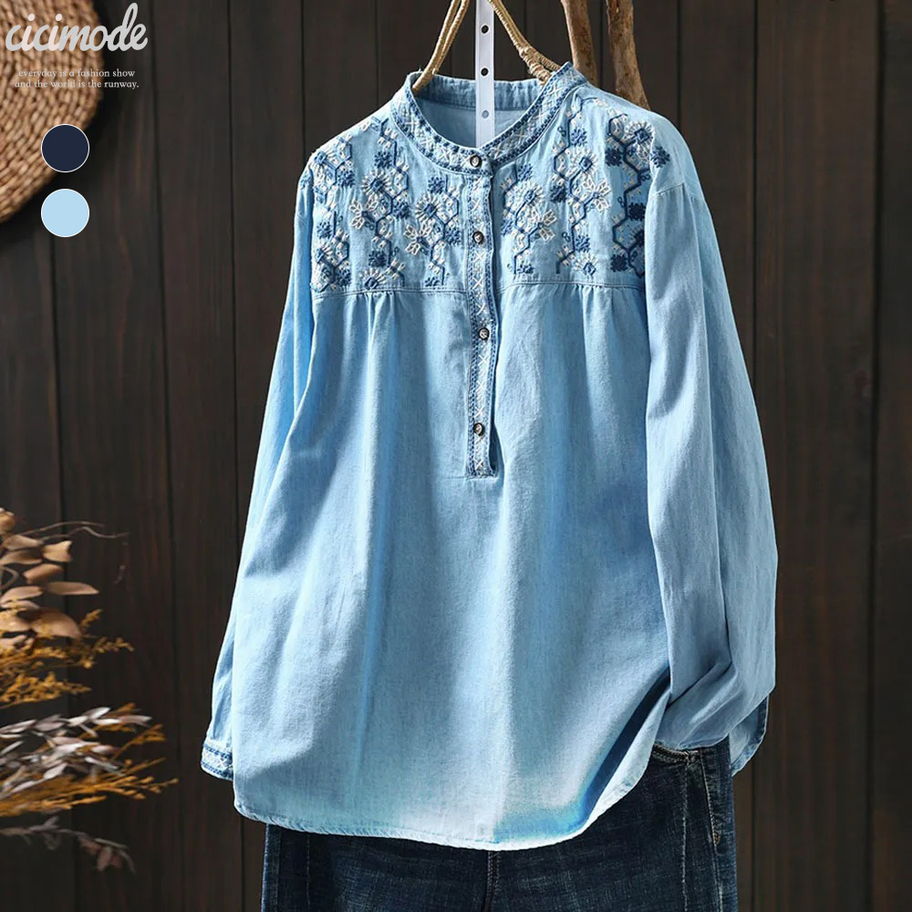 刺繡立領寬鬆牛仔復古套頭長袖襯衫